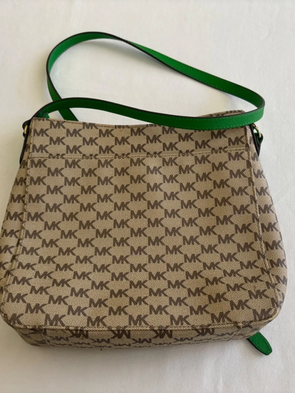 Michael Kors MK Signature Crossbody Shoulder Bag – Beige & Green – Gold Hardware